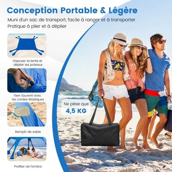 Tonnelle Tente de Plage Portable 3X3M Tissu Lycra Anti UV UPF50+ Abris de Plage Poteaux en Aluminium avec Sac de Transport pour 6-8 Personnes 8 Sacs de Sable Bleu