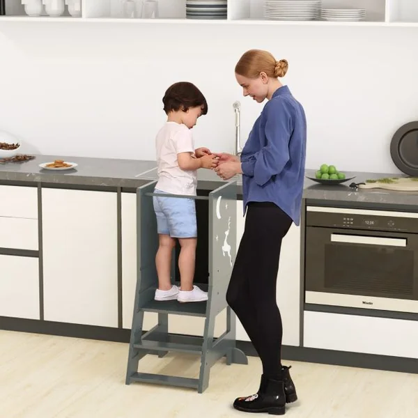 Tour d'Apprentissage Enfant avec Hauteur Réglable Tour d'Observation en Bois avec Rail de Sécurité Charge 70kg pour 1-7 Ans Gris/Naturel/Rose