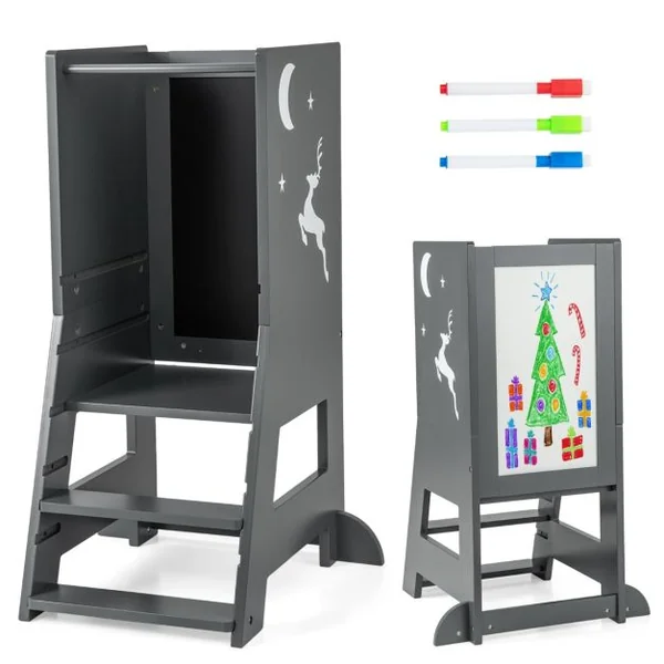 Tour d'Apprentissage Enfant avec Hauteur Réglable Tour d'Observation en Bois avec Rail de Sécurité Charge 70kg pour 1-7 Ans Gris/Naturel/Rose