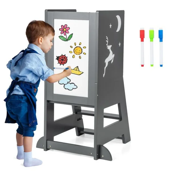 Tour d'Apprentissage Enfant avec Hauteur Réglable Tour d'Observation en Bois avec Rail de Sécurité Charge 70kg pour 1-7 Ans Gris/Naturel/Rose
