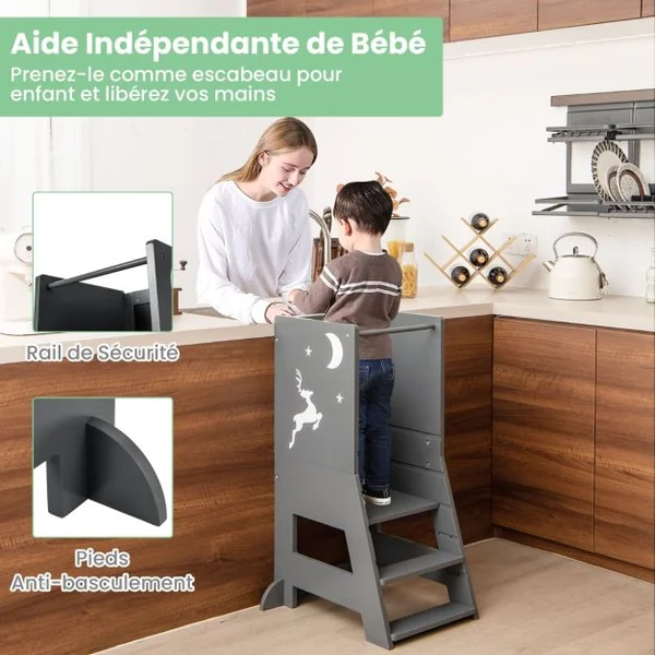 Tour d'Apprentissage Enfant avec Hauteur Réglable Tour d'Observation en Bois avec Rail de Sécurité Charge 70kg pour 1-7 Ans Gris/Naturel/Rose