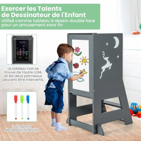 Tour d'Apprentissage Enfant avec Hauteur Réglable Tour d'Observation en Bois avec Rail de Sécurité Charge 70kg pour 1-7 Ans Gris/Naturel/Rose