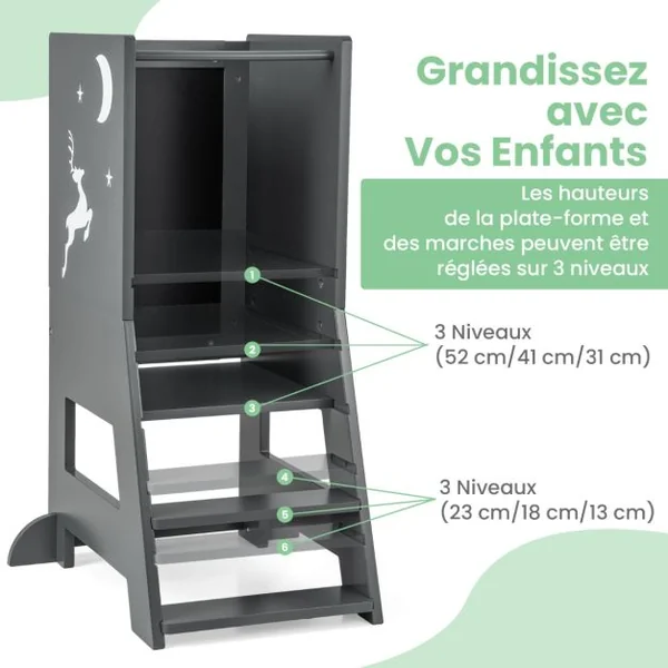 Tour d'Apprentissage Enfant avec Hauteur Réglable Tour d'Observation en Bois avec Rail de Sécurité Charge 70kg pour 1-7 Ans Gris/Naturel/Rose
