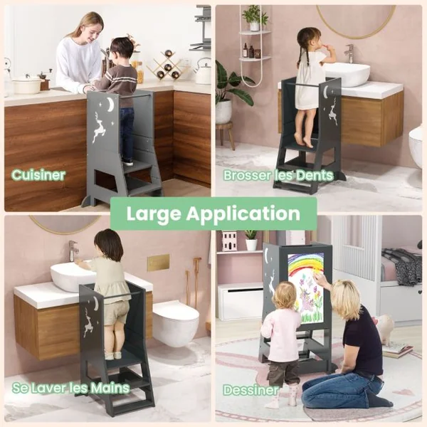 Tour d'Apprentissage Enfant avec Hauteur Réglable Tour d'Observation en Bois avec Rail de Sécurité Charge 70kg pour 1-7 Ans Gris/Naturel/Rose