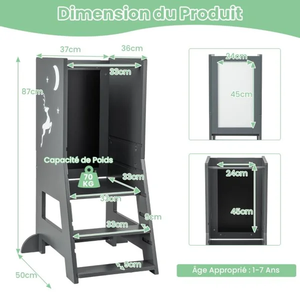 Tour d'Apprentissage Enfant avec Hauteur Réglable Tour d'Observation en Bois avec Rail de Sécurité Charge 70kg pour 1-7 Ans Gris/Naturel/Rose