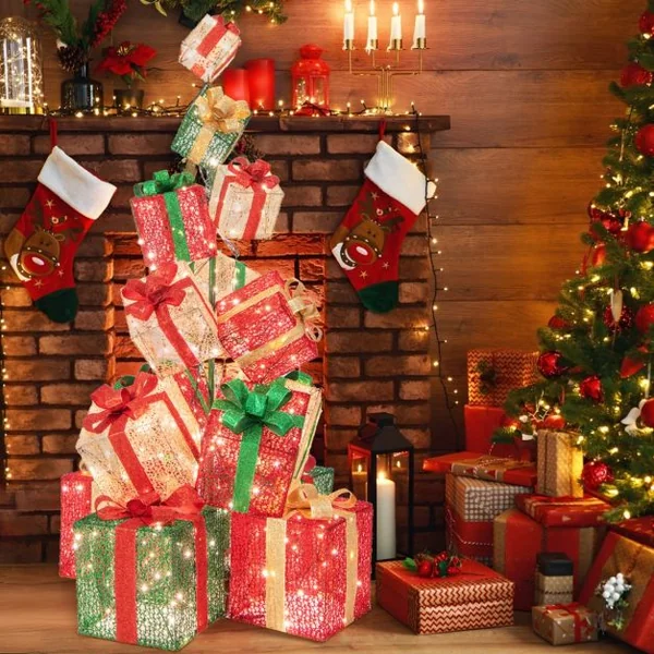Tour de Boîtes Cadeaux Éclairées 170 cm avec 15 Boîtes Pré-Éclairées Empilées 450 Lumières Base en Métal Rubans et Nœuds