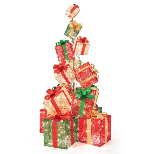 Tour de Boîtes Cadeaux Éclairées 170 cm avec 15 Boîtes Pré-Éclairées Empilées 450 Lumières Base en Métal Rubans et Nœuds