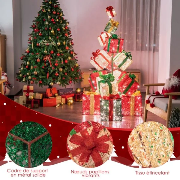 Tour de Boîtes Cadeaux Éclairées 170 cm avec 15 Boîtes Pré-Éclairées Empilées 450 Lumières Base en Métal Rubans et Nœuds