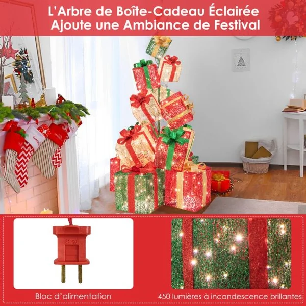 Tour de Boîtes Cadeaux Éclairées 170 cm avec 15 Boîtes Pré-Éclairées Empilées 450 Lumières Base en Métal Rubans et Nœuds