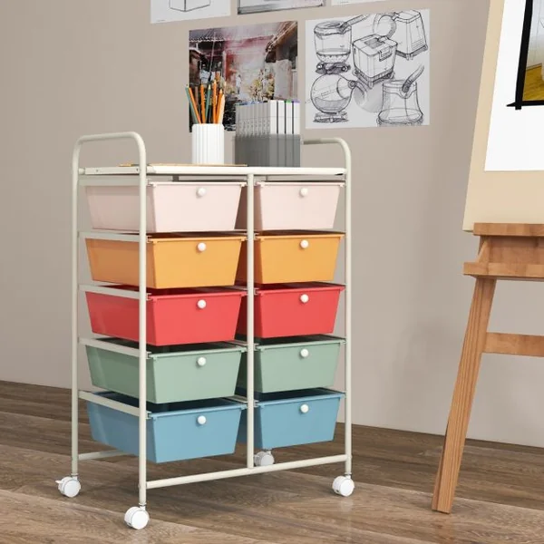 Tour de Rangement à Roulettes- 10 Tiroirs Amovibles 65,5 x 37 x 87 CM Format A4 et et Lettre 12 Couleurs au Choix