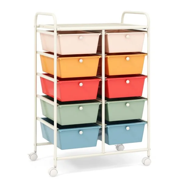 Tour de Rangement à Roulettes- 10 Tiroirs Amovibles 65,5 x 37 x 87 CM Format A4 et et Lettre 12 Couleurs au Choix