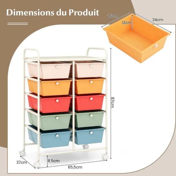Tour de Rangement à Roulettes- 10 Tiroirs Amovibles 65,5 x 37 x 87 CM Format A4 et et Lettre 12 Couleurs au Choix