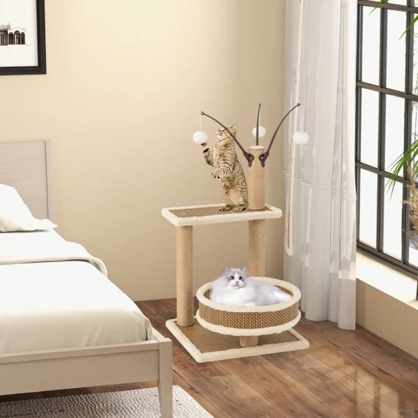Tour pour Chats D'Intérieur avec Tapis en Rotin & 3 Jouets Suspendus Amovibl Centre D'Activité pour Chats avec Tapis en Peluche