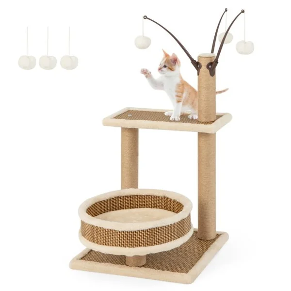 Tour pour Chats D'Intérieur avec Tapis en Rotin & 3 Jouets Suspendus Amovibl Centre D'Activité pour Chats avec Tapis en Peluche