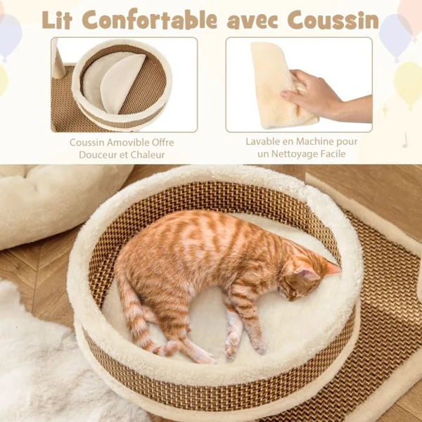 Tour pour Chats D'Intérieur avec Tapis en Rotin & 3 Jouets Suspendus Amovibl Centre D'Activité pour Chats avec Tapis en Peluche