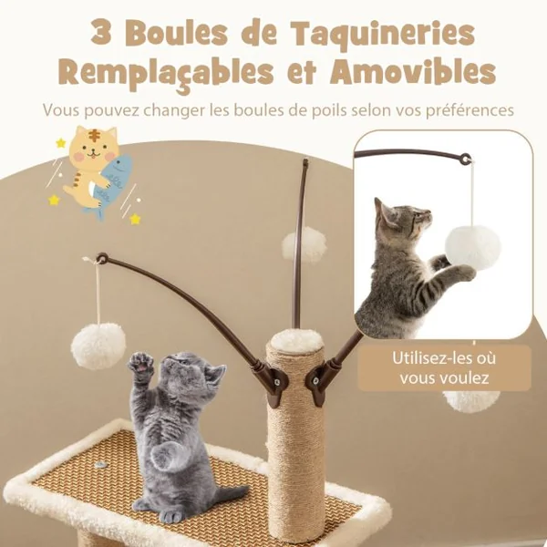 Tour pour Chats D'Intérieur avec Tapis en Rotin & 3 Jouets Suspendus Amovibl Centre D'Activité pour Chats avec Tapis en Peluche