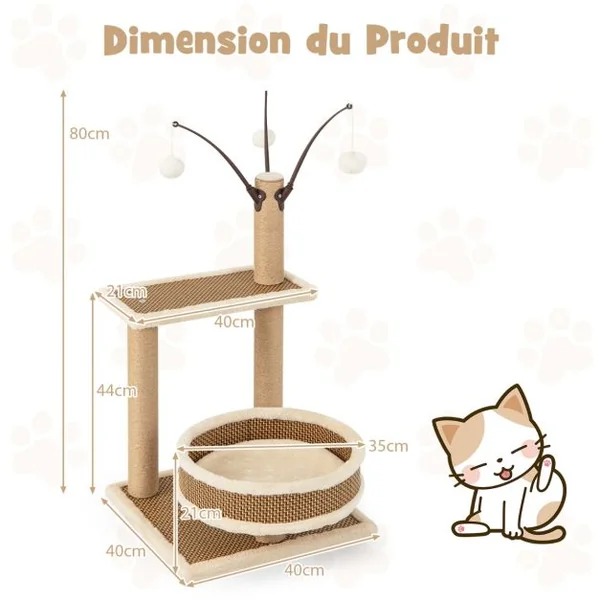 Tour pour Chats D'Intérieur avec Tapis en Rotin & 3 Jouets Suspendus Amovibl Centre D'Activité pour Chats avec Tapis en Peluche