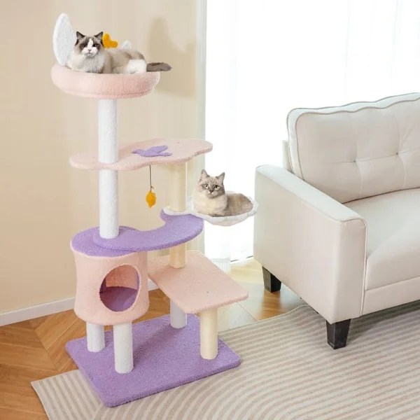 Tour à Chats Arbre à Chat Mignon Multi-niveaux avec Poteaux à Griffer Recouverts de Sisal Condo Perche en Peluche Lune Étoile Violet