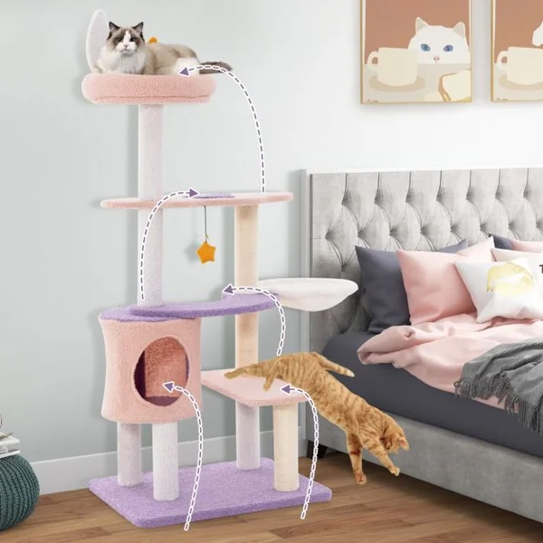 Tour à Chats Arbre à Chat Mignon Multi-niveaux avec Poteaux à Griffer Recouverts de Sisal Condo Perche en Peluche Lune Étoile Violet