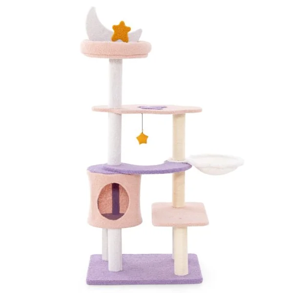 Tour à Chats Arbre à Chat Mignon Multi-niveaux avec Poteaux à Griffer Recouverts de Sisal Condo Perche en Peluche Lune Étoile Violet
