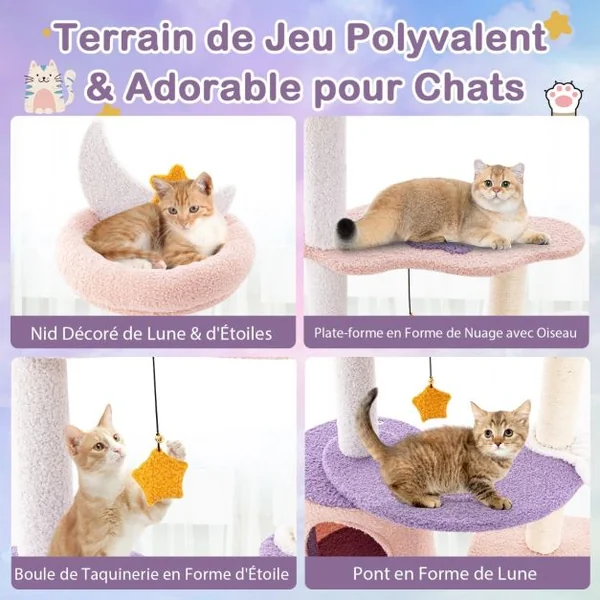 Tour à Chats Arbre à Chat Mignon Multi-niveaux avec Poteaux à Griffer Recouverts de Sisal Condo Perche en Peluche Lune Étoile Violet