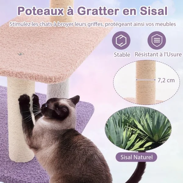 Tour à Chats Arbre à Chat Mignon Multi-niveaux avec Poteaux à Griffer Recouverts de Sisal Condo Perche en Peluche Lune Étoile Violet
