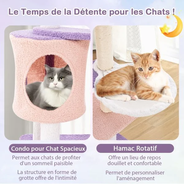 Tour à Chats Arbre à Chat Mignon Multi-niveaux avec Poteaux à Griffer Recouverts de Sisal Condo Perche en Peluche Lune Étoile Violet