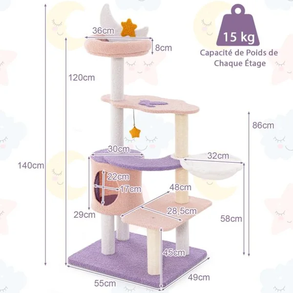 Tour à Chats Arbre à Chat Mignon Multi-niveaux avec Poteaux à Griffer Recouverts de Sisal Condo Perche en Peluche Lune Étoile Violet