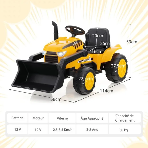 Tracteur Electrique 12V/7Ah Tractopelle pour Enfants Télécommande 2,4G Démarrage Progressif LED Musique 30 kg 3-8 Ans