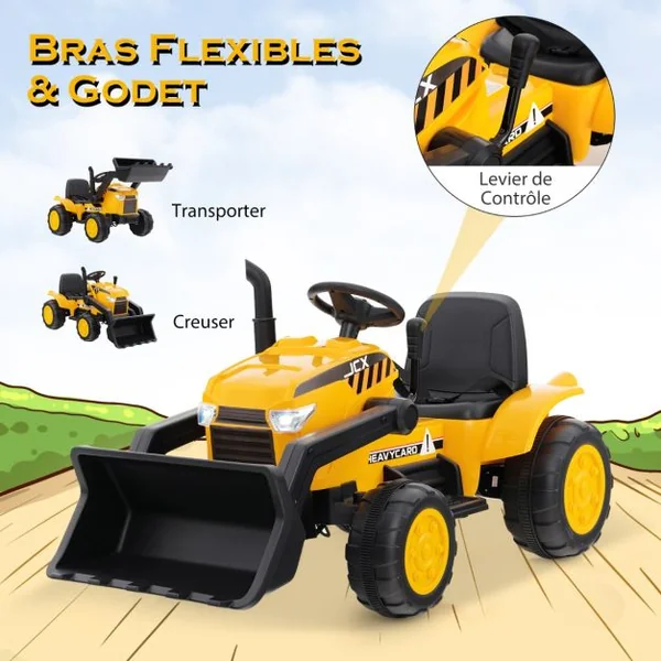 Tracteur Electrique 12V/7Ah Tractopelle pour Enfants Télécommande 2,4G Démarrage Progressif LED Musique 30 kg 3-8 Ans