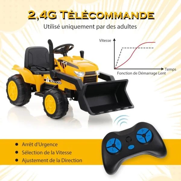 Tracteur Electrique 12V/7Ah Tractopelle pour Enfants Télécommande 2,4G Démarrage Progressif LED Musique 30 kg 3-8 Ans