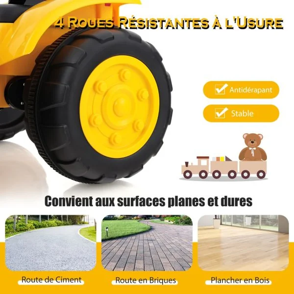 Tracteur Electrique 12V/7Ah Tractopelle pour Enfants Télécommande 2,4G Démarrage Progressif LED Musique 30 kg 3-8 Ans