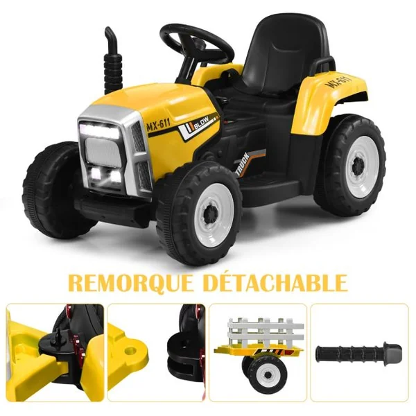 Tracteur Electrique avec Remorque pour Enfants 3 Vitesses Lumières LED Fonctions Audio USB et Bluetooth Jaune/Rose/Rouge/Vert/Vert Foncé/Noir