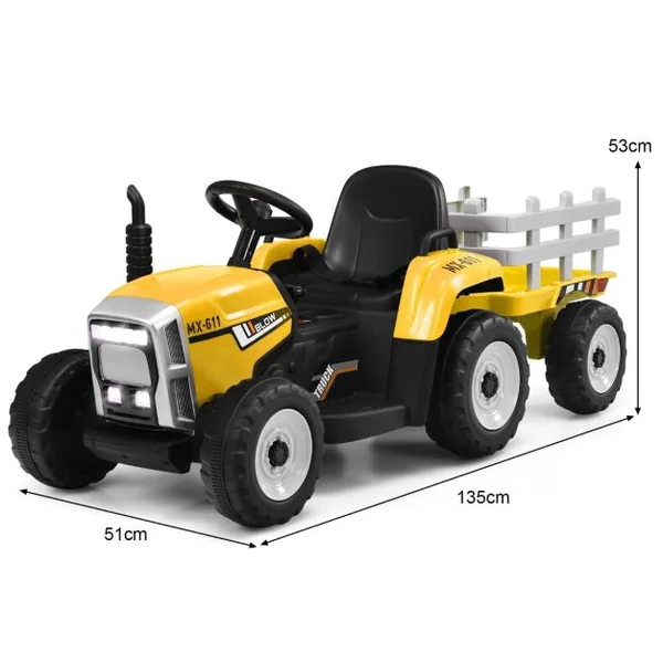 Tracteur Electrique avec Remorque pour Enfants 3 Vitesses Lumières LED Fonctions Audio USB et Bluetooth Jaune/Rose/Rouge/Vert/Vert Foncé/Noir