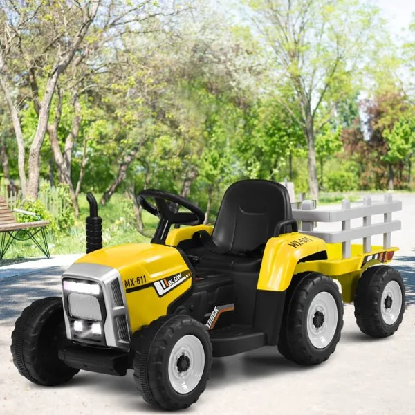 Tracteur Electrique avec Remorque pour Enfants 3 Vitesses Lumières LED Fonctions Audio USB et Bluetooth Jaune/Rose/Rouge/Vert/Vert Foncé/Noir