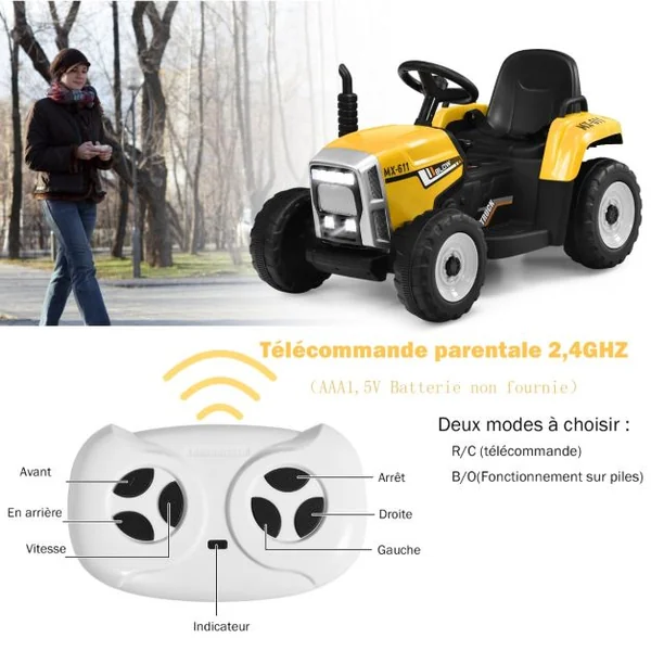 Tracteur Electrique avec Remorque pour Enfants 3 Vitesses Lumières LED Fonctions Audio USB et Bluetooth Jaune/Rose/Rouge/Vert/Vert Foncé/Noir