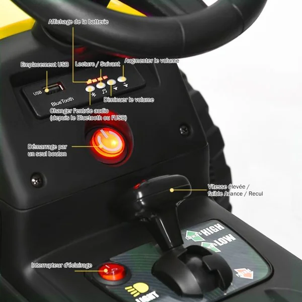 Tracteur Electrique avec Remorque pour Enfants 3 Vitesses Lumières LED Fonctions Audio USB et Bluetooth Jaune/Rose/Rouge/Vert/Vert Foncé/Noir