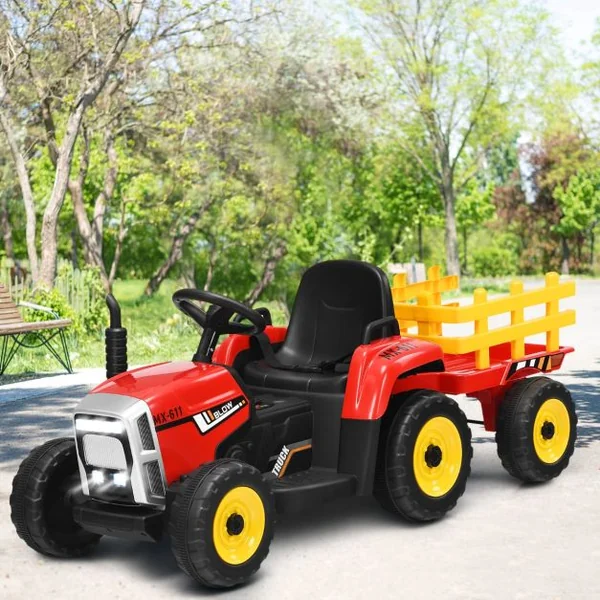 Tracteur Electrique avec Remorque pour Enfants 3 Vitesses Lumières LED Fonctions Audio USB et Bluetooth Vert/Rose/Rouge/Vert Foncé/Noir/Bleu