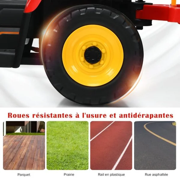 Tracteur Electrique avec Remorque pour Enfants 3 Vitesses Lumières LED Fonctions Audio USB et Bluetooth Vert/Rose/Rouge/Vert Foncé/Noir/Bleu