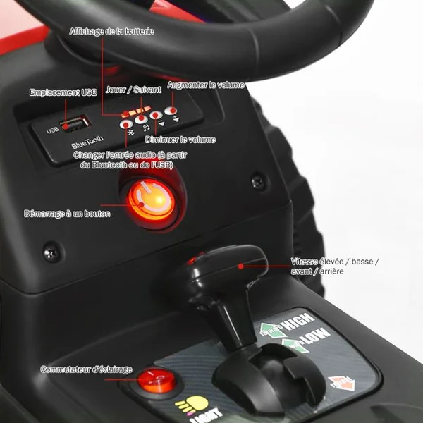 Tracteur Electrique avec Remorque pour Enfants 3 Vitesses Lumières LED Fonctions Audio USB et Bluetooth Vert/Rose/Rouge/Vert Foncé/Noir/Bleu