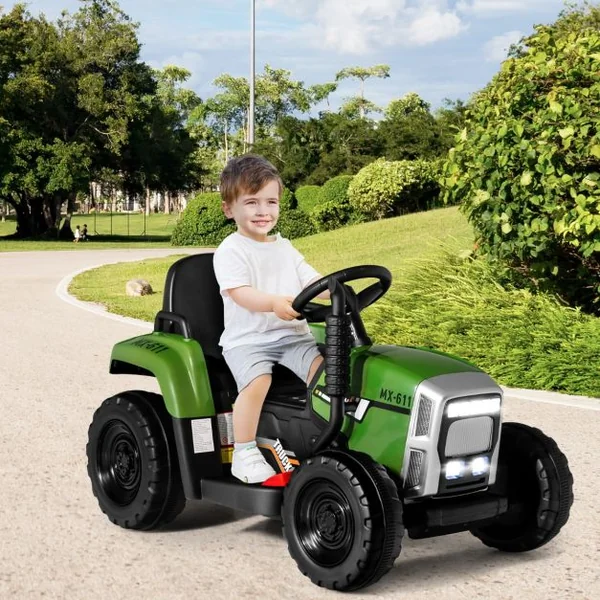 Tracteur Electrique avec Remorque pour Enfants 3 Vitesses Lumières LED Fonctions Audio USB et Bluetooth Vert/Rose/Rouge/Vert Foncé/Noir/Bleu