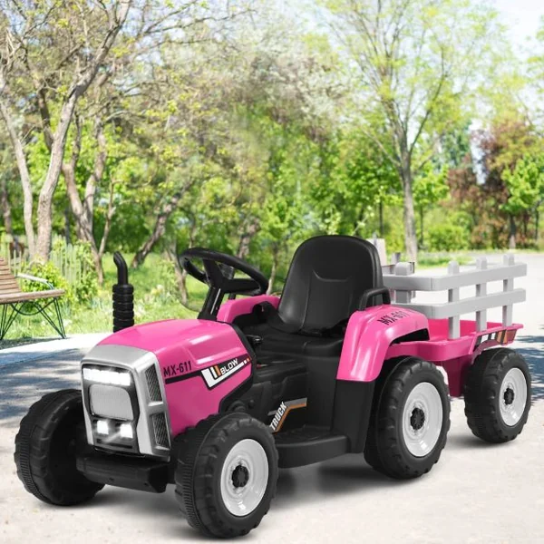 Tracteur Electrique avec Remorque pour Enfants 3 Vitesses Lumières LED Fonctions Audio USB et Bluetooth Vert/Rose/Rouge/Vert Foncé/Noir/Bleu