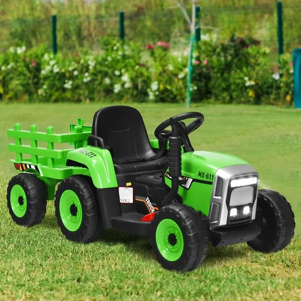 Tracteur Electrique avec Remorque pour Enfants 3 Vitesses Lumières LED Fonctions Audio USB et Bluetooth Vert/Rose/Rouge/Vert Foncé/Noir/Bleu