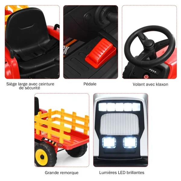 Tracteur Electrique avec Remorque pour Enfants 3 Vitesses Lumières LED Fonctions Audio USB et Bluetooth Vert/Rose/Rouge/Vert Foncé/Noir/Bleu