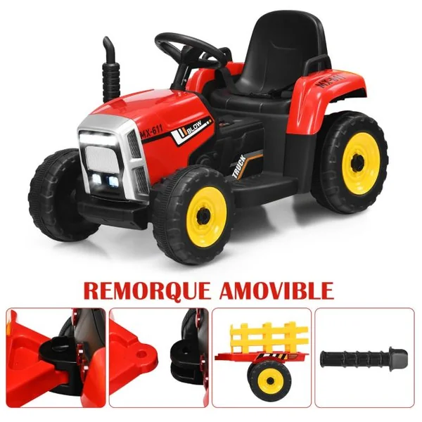 Tracteur Electrique avec Remorque pour Enfants 3 Vitesses Lumières LED Fonctions Audio USB et Bluetooth Vert/Rose/Rouge/Vert Foncé/Noir/Bleu