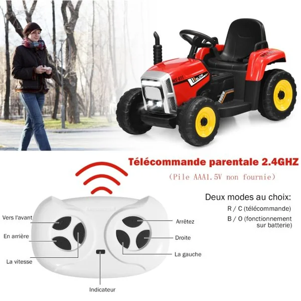 Tracteur Electrique avec Remorque pour Enfants 3 Vitesses Lumières LED Fonctions Audio USB et Bluetooth Vert/Rose/Rouge/Vert Foncé/Noir/Bleu