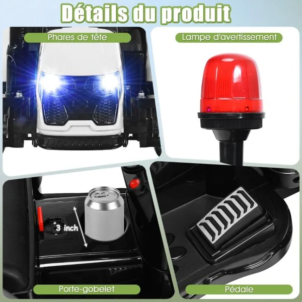 Tracteur Electrique avec Télécommande 2.4G 12V 7AH Vitesse : 3-8 km/h MP3 Port USB pour Enfants de 3 à 8 Ans Blanc/Noir/Rouge/Vert