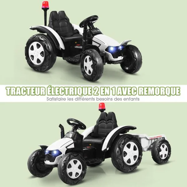 Tracteur Electrique avec Télécommande 2.4G 12V 7AH Vitesse : 3-8 km/h MP3 Port USB pour Enfants de 3 à 8 Ans Blanc/Noir/Rouge/Vert