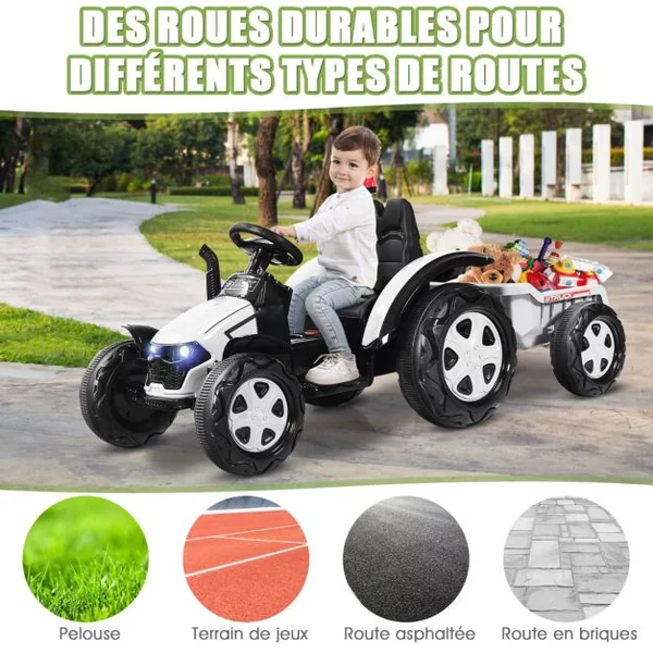 Tracteur Electrique avec Télécommande 2.4G 12V 7AH Vitesse : 3-8 km/h MP3 Port USB pour Enfants de 3 à 8 Ans Blanc/Noir/Rouge/Vert