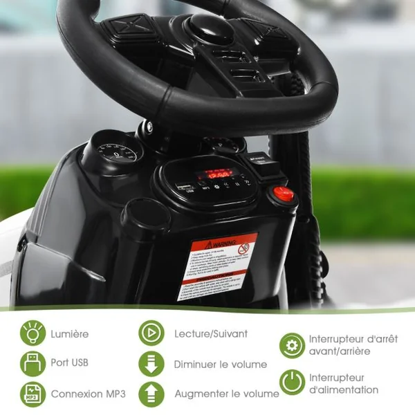 Tracteur Electrique avec Télécommande 2.4G 12V 7AH Vitesse : 3-8 km/h MP3 Port USB pour Enfants de 3 à 8 Ans Blanc/Noir/Rouge/Vert